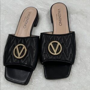 Valentino afrodites slide Black Mules with Gold V logo